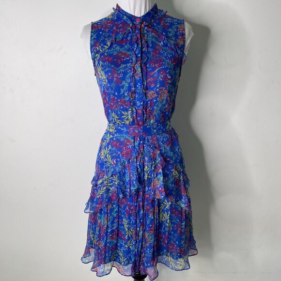 Saloni Women's Blue 100% Silk Sleeveless Button Down Ruffle Mini Dress Size 2 - Picture 1 of 11